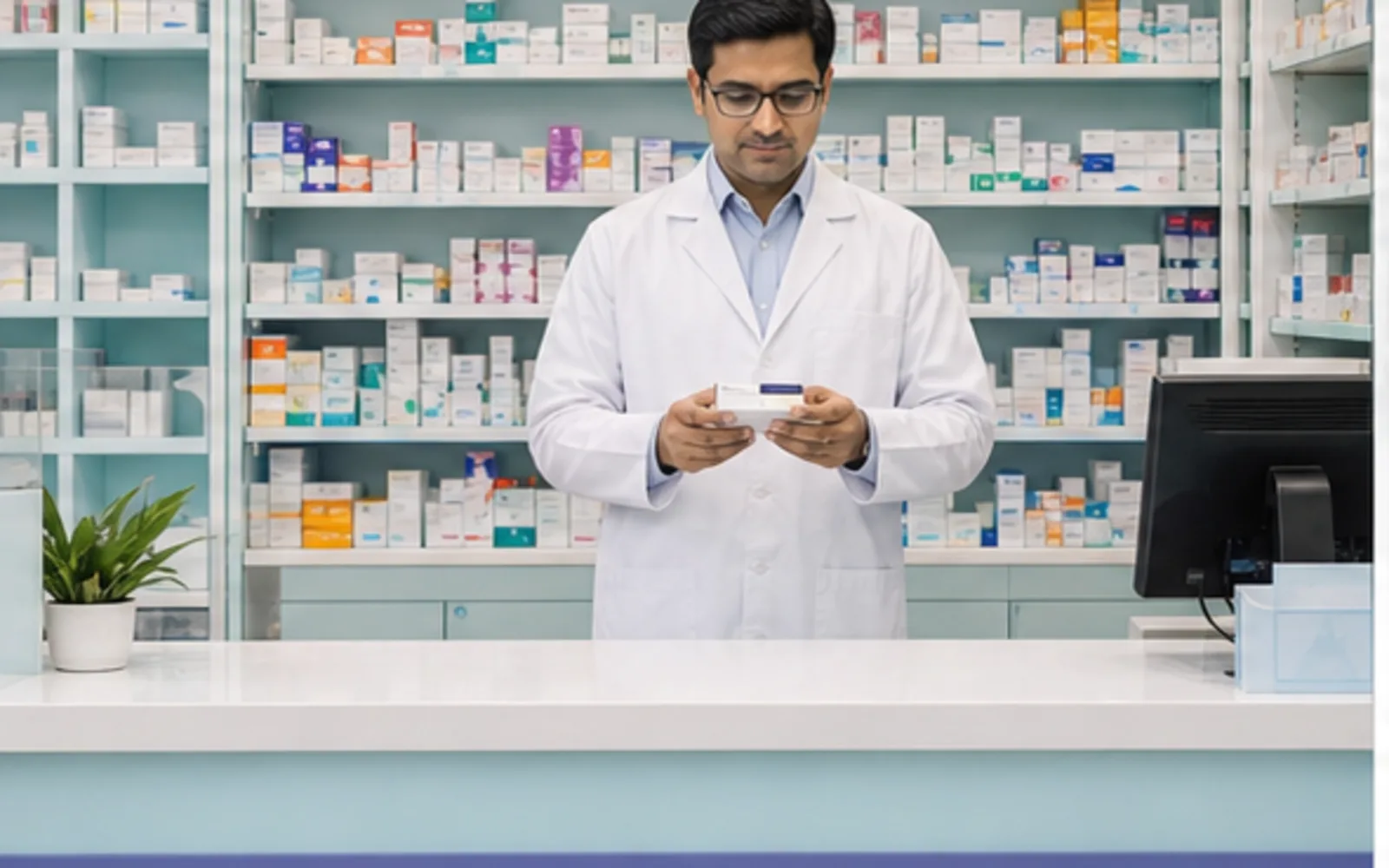 A stocked hospital pharmacy with a pharmacist at the counter, representative image
