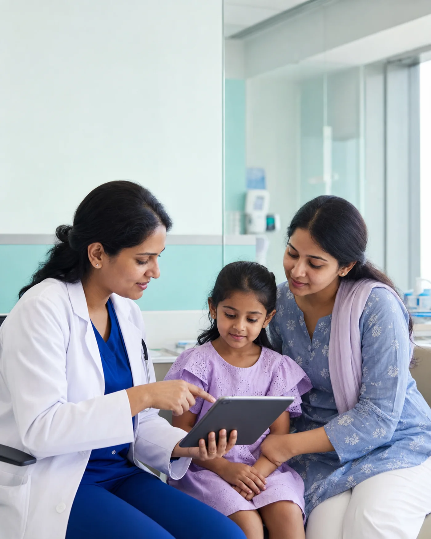 A doctor explaining care options to a mother and daughter